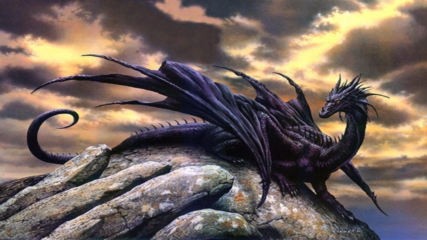 A very awesome picture of a black dragon curls up and sleeping on a big rock.